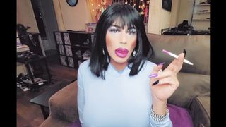 Glorious cherry crossdresser smoking with monstrous lips lip liner cross dressing trans strong make-up