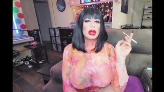 Torrid mind-blowing crossdresser smoking with strenuous make-up and lots of lip liner cross dressing trans smoke