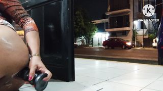 Will-Less sissy clitty dildoing her donk on the open door while vans pass by