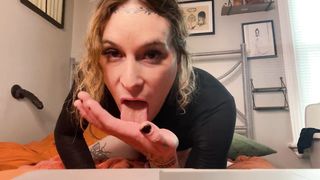 inked trans doll chats filthy and tongues her own jizm
