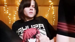 Adorable Femboy in stokings fap off and jizz on the floor