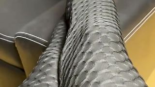 Tgirl Sloppy chatting in black stretch pants flashing glorious toes and surprise