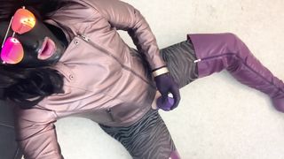 Sissy Glovecum 007 - purple leather and stocking batter eruption