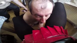 2 guys suck an lick mature tranny's feet