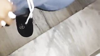 Sissy t-girl ambling bare at night and pee while in encaged and plugged