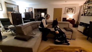 Spandex maid harshly treated by Dominatrix, munching her shoes and porked in virginity.