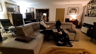 Spandex maid harshly treated by Dominatrix, munching her shoes and porked in virginity.