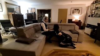 Spandex maid harshly treated by Dominatrix, munching her shoes and porked in virginity.