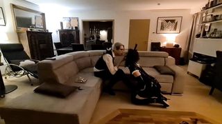 Spandex maid harshly treated by Dominatrix, munching her shoes and porked in virginity.