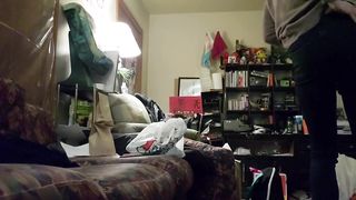 Ultra-Cute trans lady discreetly ejaculates in living guest room, while roomies in other bedroom