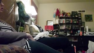 Ultra-Cute trans lady discreetly ejaculates in living guest room, while roomies in other bedroom