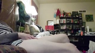 Ultra-Cute trans lady discreetly ejaculates in living guest room, while roomies in other bedroom