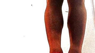 Sissy Spandex Posing in high high-heeled slippers