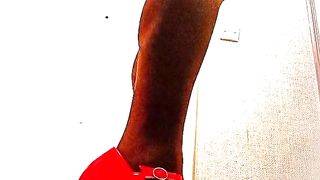 Sissy Spandex Posing in high high-heeled slippers