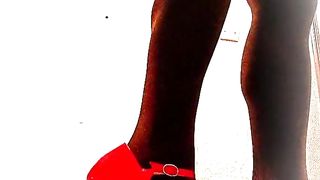 Sissy Spandex Posing in high high-heeled slippers