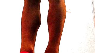 Sissy Spandex Posing in high high-heeled slippers