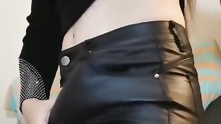 Tgirl glistening erection and donk taunt leather spandex vinyl