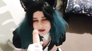 Groaning Trans Cat Woman Maid Deepthroats, Drills and Sack