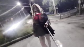 Mega-Bitch in translucent outfit ball gag and LED mutt dog collar caught in public