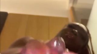 Jism geyser gushes out of Black Brit transsexual Blackbarbi