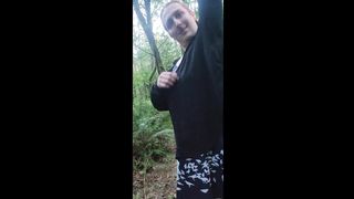 Femboy heads thong-less in public woods! Transgirl beefstick and backside stick out from sundress