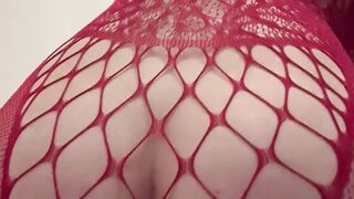 She-creature in crimson lace underwear brings her donk to climax
