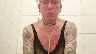 Sissy shoots a load in fuck stick