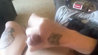 Scorching trans dame with a enormous spunk-pump tugging off while roomie plays movie games