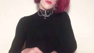 Nerdy red-haired trans lady masturbates off her XXL hard-on till she pops