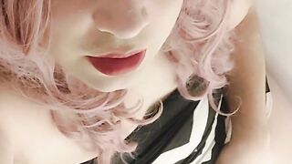 Crossdresser Juvia Jolie jacks her immense dick while she Looks at you with her pretty face