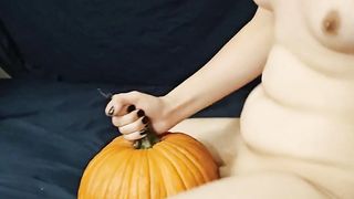 Tran's dame with fangs pulverizes pumpkin in hip highs