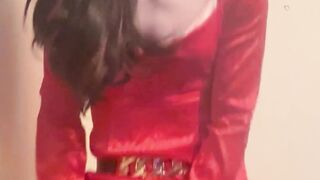 Jess silk riding black dildo in red dress and shiny jacket