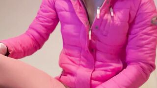 Jess silk dressed in pink rides big black dildo