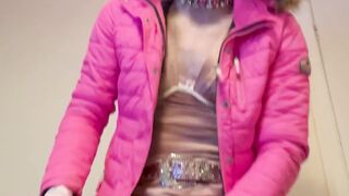 Jess silk dressed in pink rides big black dildo