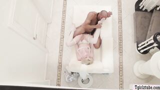 Busty TS blonde Izzy Wilde barebacked by Ricky Larkin