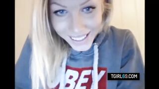 Blonde shemale with big cock masturbates on cam