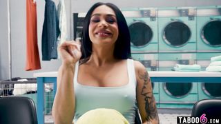 Laundromat threesome with a shemale