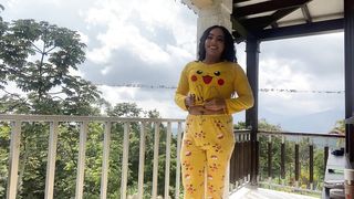 Excellent lady attempting on lovely clothes, cowers on camera