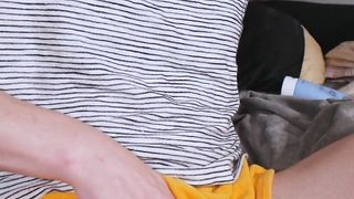 Small tgirl in rosy panties plays with her love button and ass-plug thru her cut-offs - Kendra Hotty