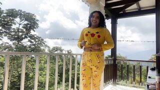 Fantastic gal measuring her clothes with her thick package