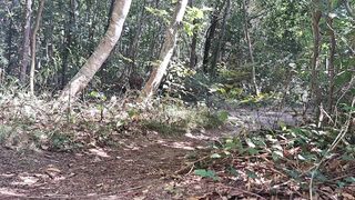 Displaying my thick pecker in the public forest in superslut clothing