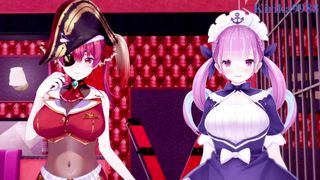 Minato Aqua and Houshou Marine have mighty hermaphroditism hookup in a secret guest room. - Hololive VTuber Manga porn