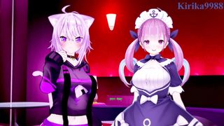 Minato Aqua and Nekomata Okayu have heavy hermaphroditism intercourse at a love motel. - Hololive VTuber Anime porn