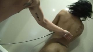 Asian ladyboy with long and luxurious gams plays with a giant stiff spear