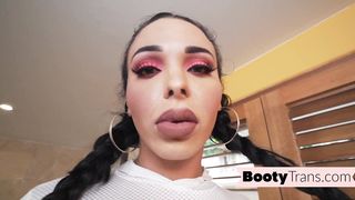 Hefty backside mexican trans stunner barebacked after shower suck off