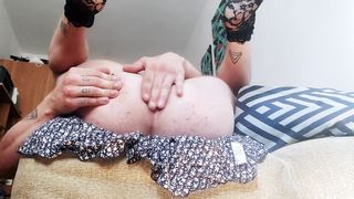 Crossdress femboy, mini-skirt and large fake penis