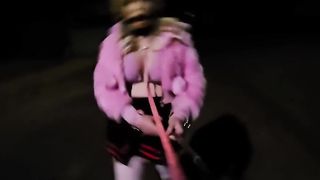 Ball-gagged and tethered sissy on the streets