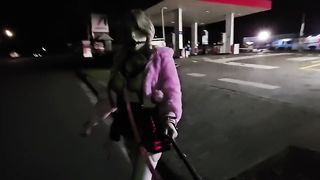 Ball-gagged and tethered sissy on the streets