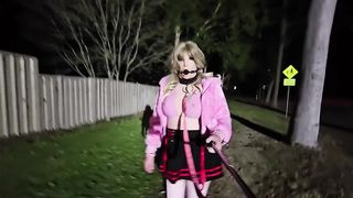 Ball-gagged and tethered sissy on the streets