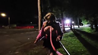 Ball-gagged and tethered sissy on the streets